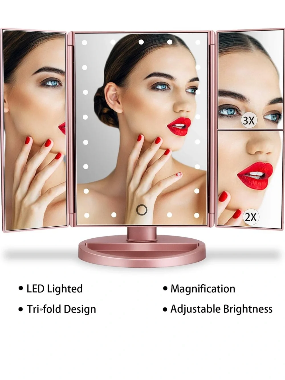 Rose Gold Tri-Fold LED Vanity Mirror with 2x/3x Magnification -